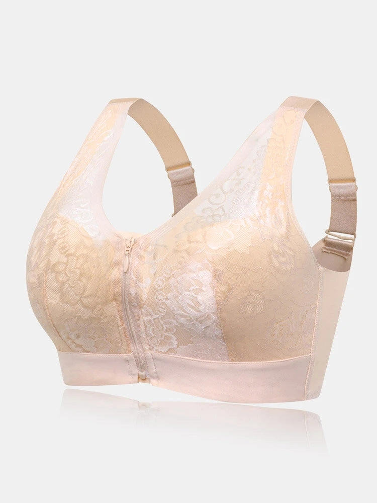 Flower Lace Trim Wireless Zipper Front Bra | Luna's Wish