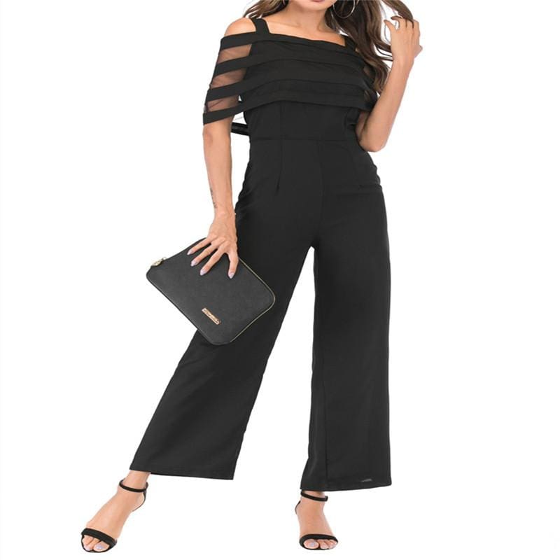 black overlay embellished strappy cold shoulder jumpsuit