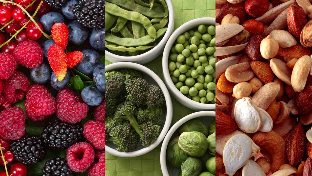 Blood sugar level reducing foods such as berries, green vegetables, and nuts. 