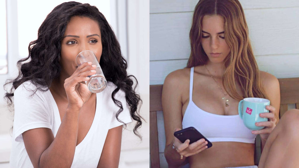 Woman drinking water and woman drinking 28 Day Teatox to stay hydrated. 
