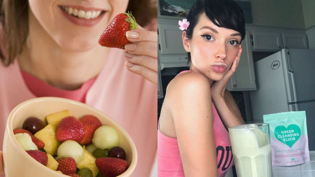 A woman eating a bowl of fruits and a woman drinking Green Cleansing Elixir.