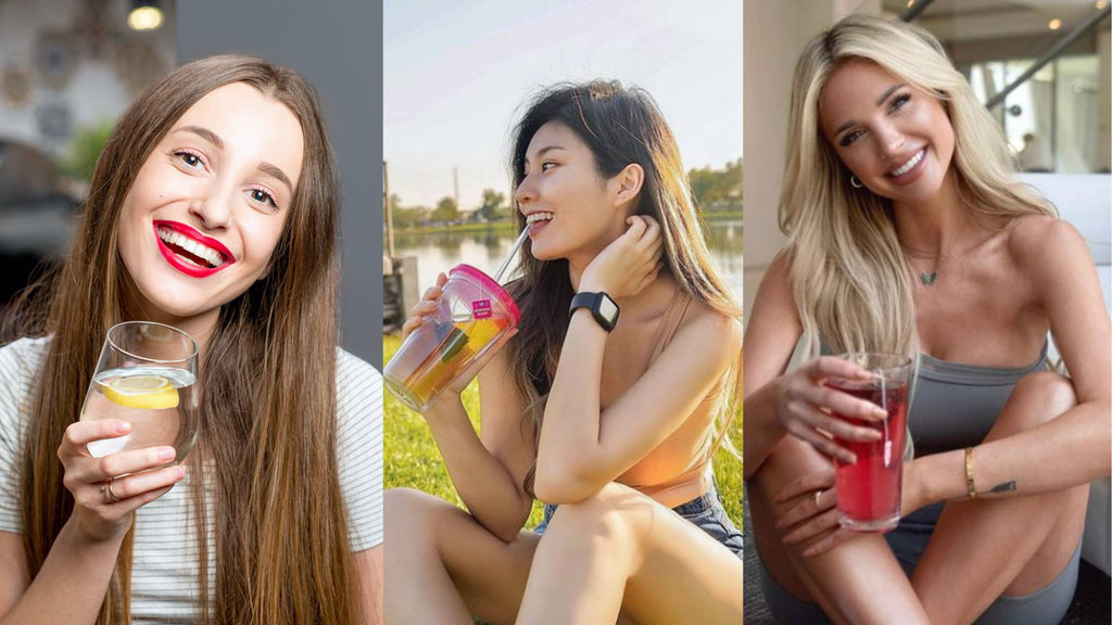 A woman drinking honey lemon water, a woman drinking 28 Day Teatox, and a woman drinking Detox Cherry Bomb. Photo collage.