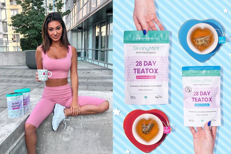 A model posing with 28 Day Teatox. 