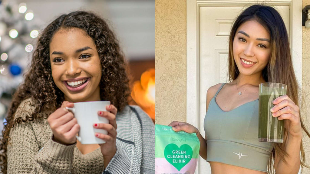 Woman drinking hot chocolate and woman drinking Green Cleansing Elixir. 