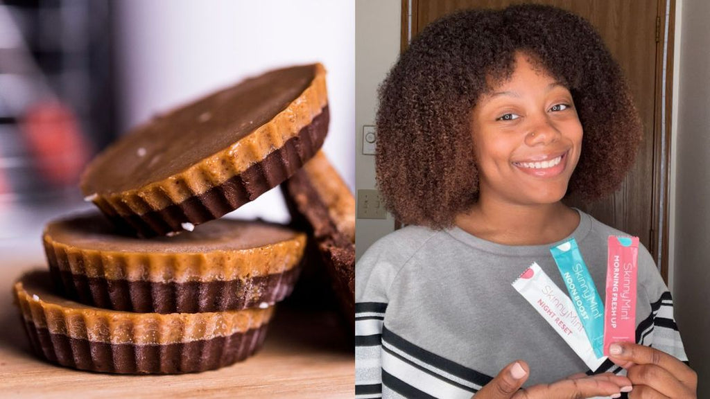 Reese's peanut butter cups and woman holding Super Lean Shots 