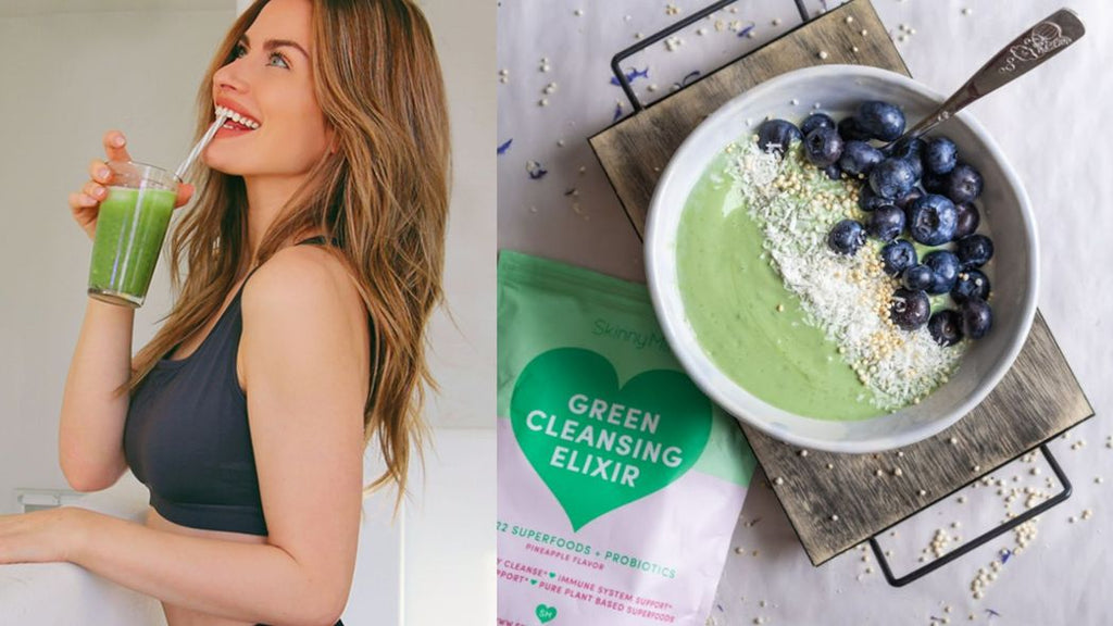 Model drinking Green Cleansing Elixir, a smoothie bowl made of Green Cleansing Elixir and blueberries