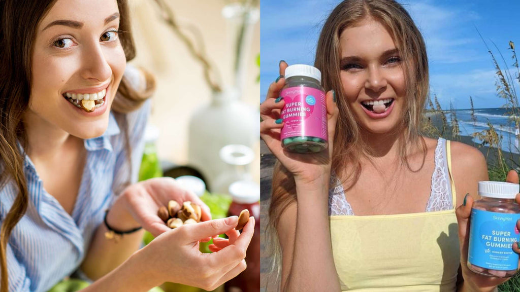Woman snacking smartly and eating nuts, and another woman eating Super Fat Burning Gummies