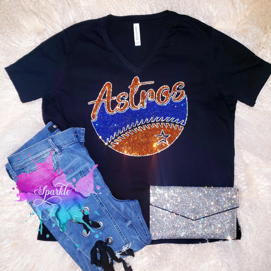 Women's Houston Astros Rhinestone baseball V-neck T-Shirt Tee Bling  Lady