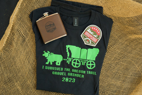 2023 Oregon Trail Gravel Grinder Finisher Swag T-shirt flask patch