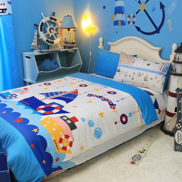 Blue Cartoon Bedding Set 4pc Twin Full Queen Cotton Child Boys