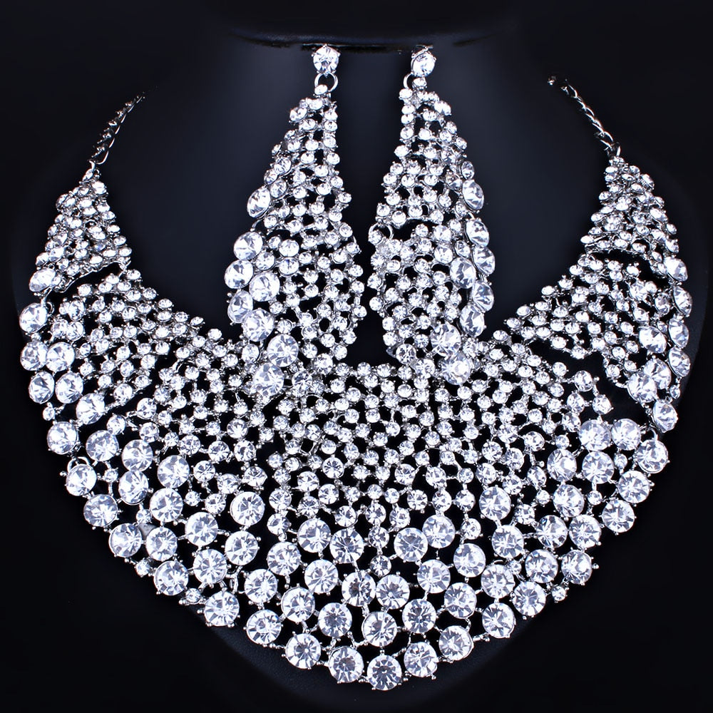 Farlena Jewelry Full Clear Rhinestones Big Necklace And Earrings