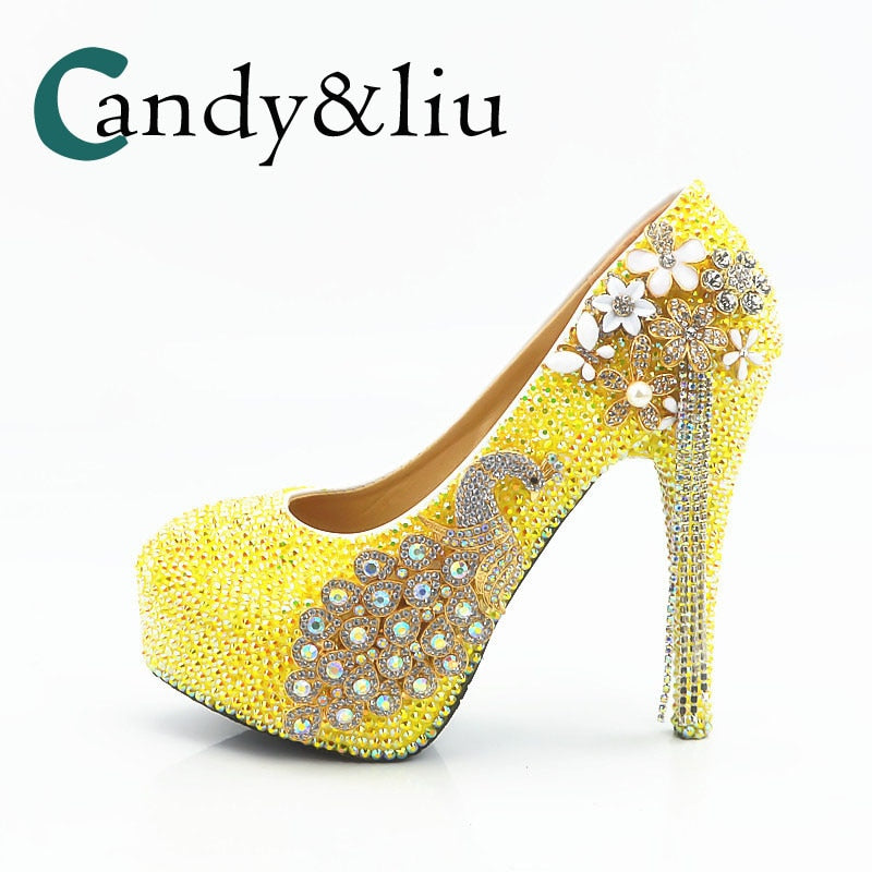 Lemon Yellow Crystal Wedding Shoes 