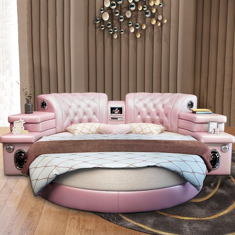 Modern Bedroom Furniture Multi Functional Top Grain Genuine Round Leather Bed