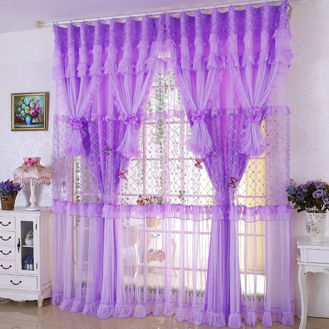 Romantic Pink Purple Lace Curtains For Living Room Princess Kids Bedroom Window 50 Blackout Curtain For Wedding Decor Tulle 2pc