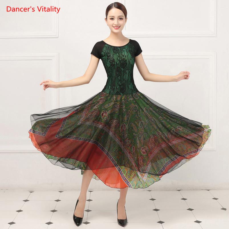 Sexy Lace Mesh Ballroom Dance Dress Short Sleeves Waltz Tango Latin Dance Dresses For Women Performance Practice Dancewears