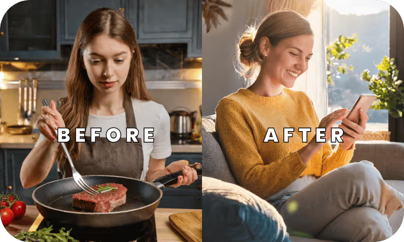 A person struggling to cook steak in a pan.