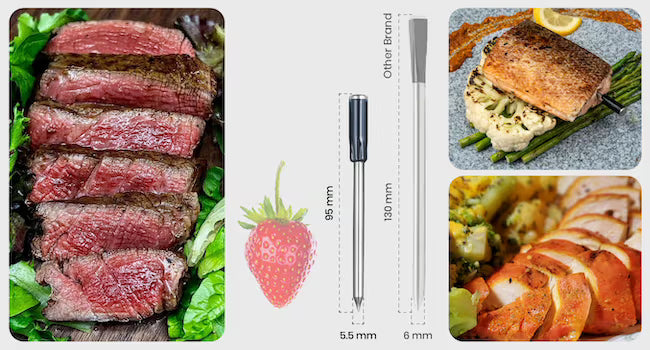 Collage of various small meat cuts like steak and salmon.