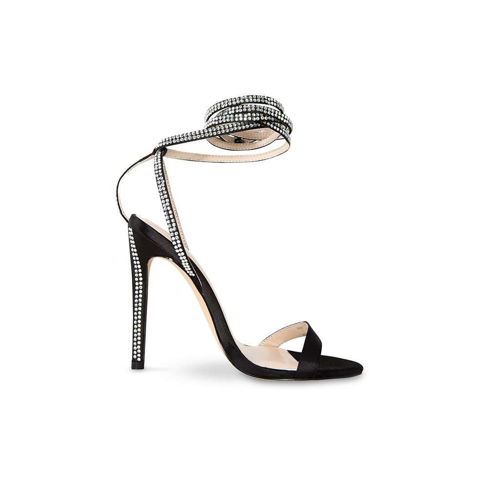 Ingrid Black Satin Vegan High Heel Sandal - Crystal Ankle Strap – Cult ...