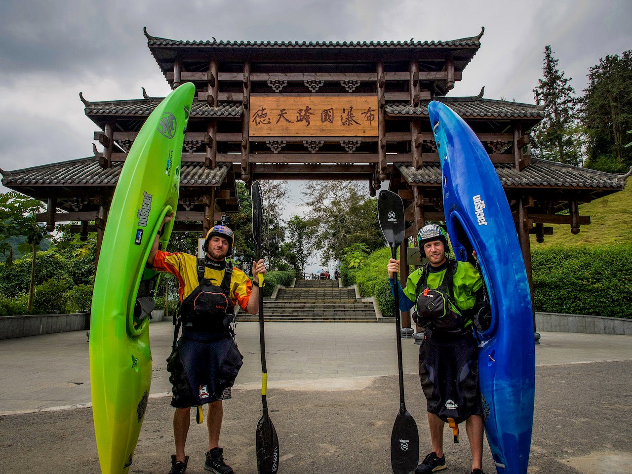 Nick and Dane at the back of their hotel in China.