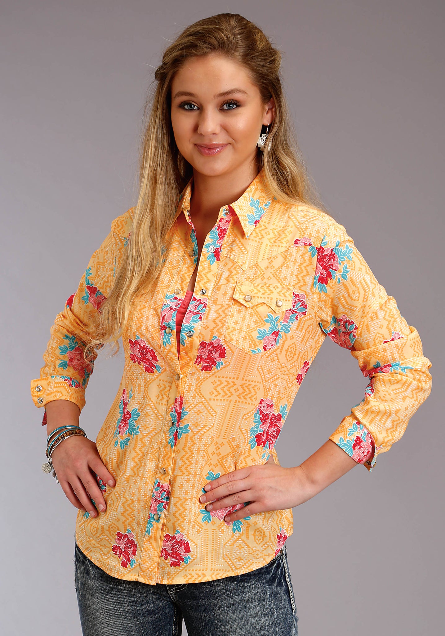 WOMENS YELLOW RED AND BLUE FLORAL PRINT 