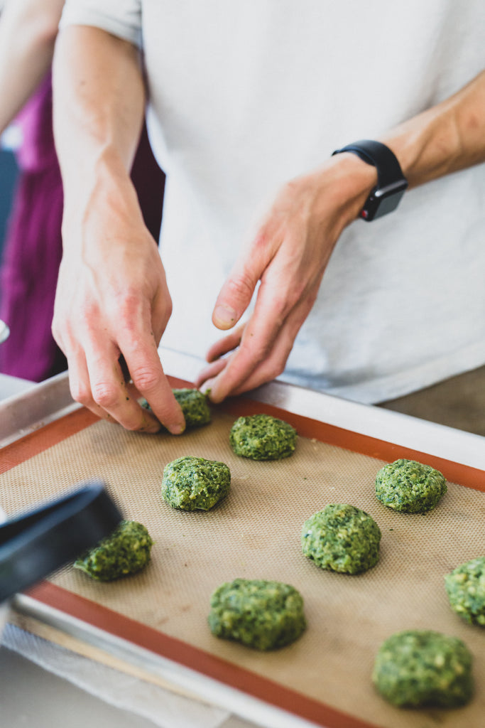 Scooping the veggie kebabs