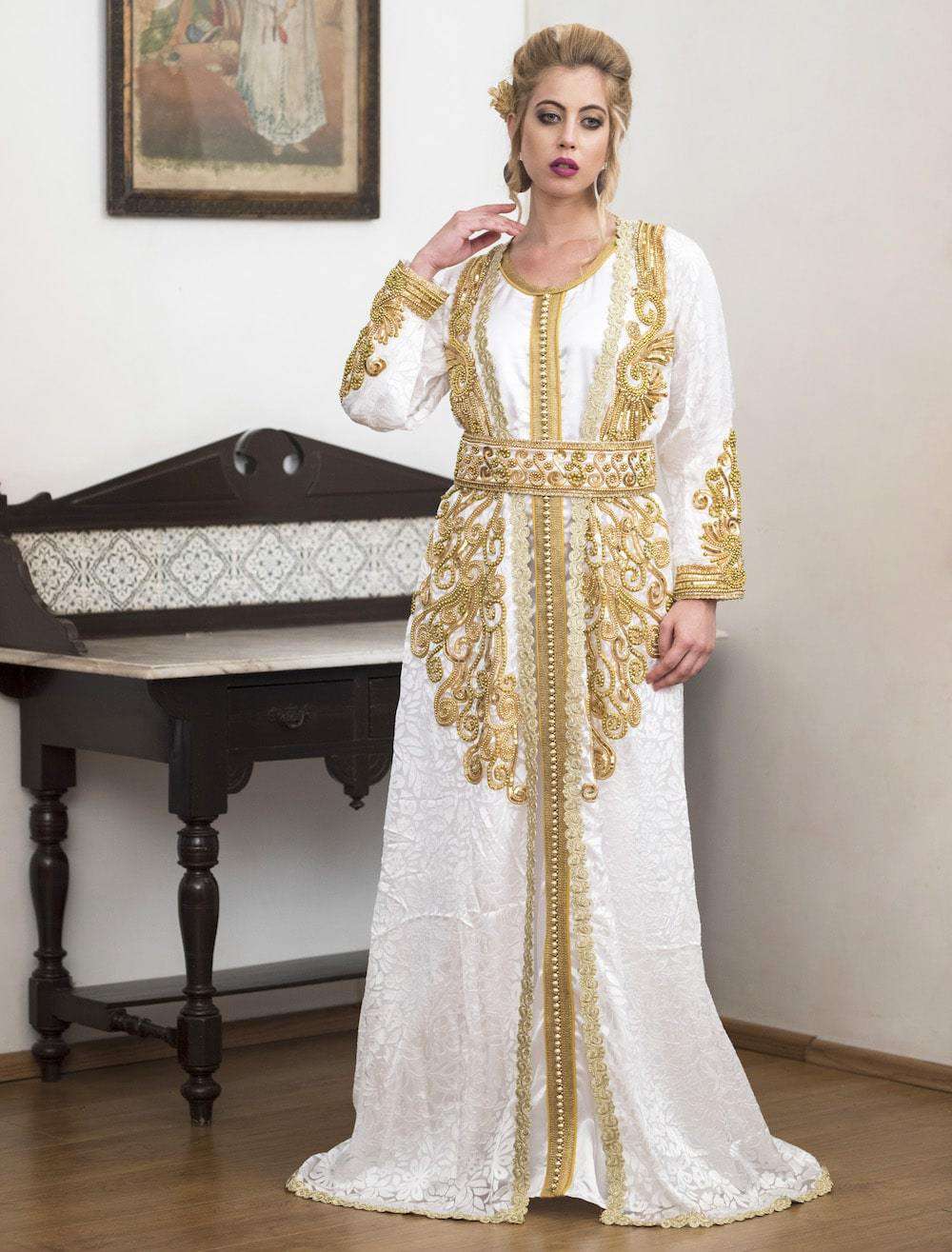 white and gold moroccan kaftan