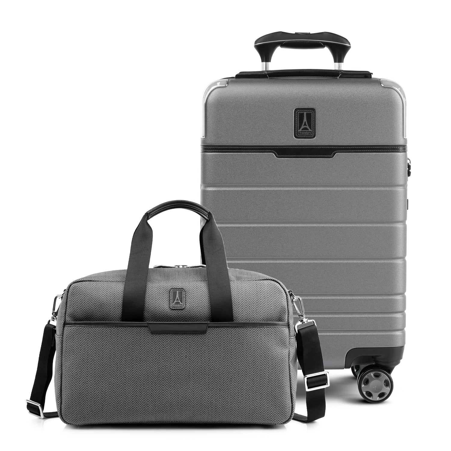 Travelpro x Travel + Leisure Compact Carry-On Spinner & Underseat Tote Bag Luggage Set in Whistler Grey | Hands-Free Mobility | Travel Suitcase