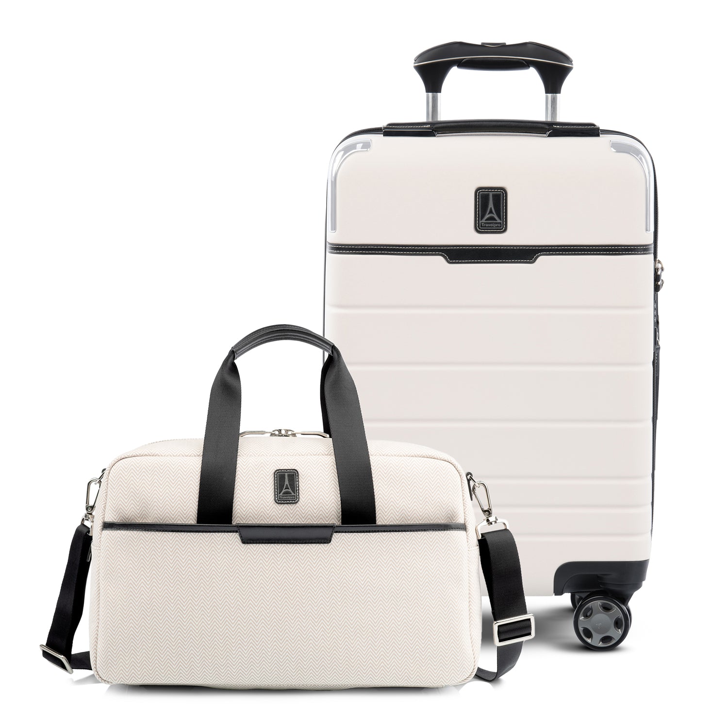 Travelpro x Travel + Leisure Compact Carry-On Spinner & Underseat Tote Bag Luggage Set in White Sand | Hands-Free Mobility | Travel Suitcase