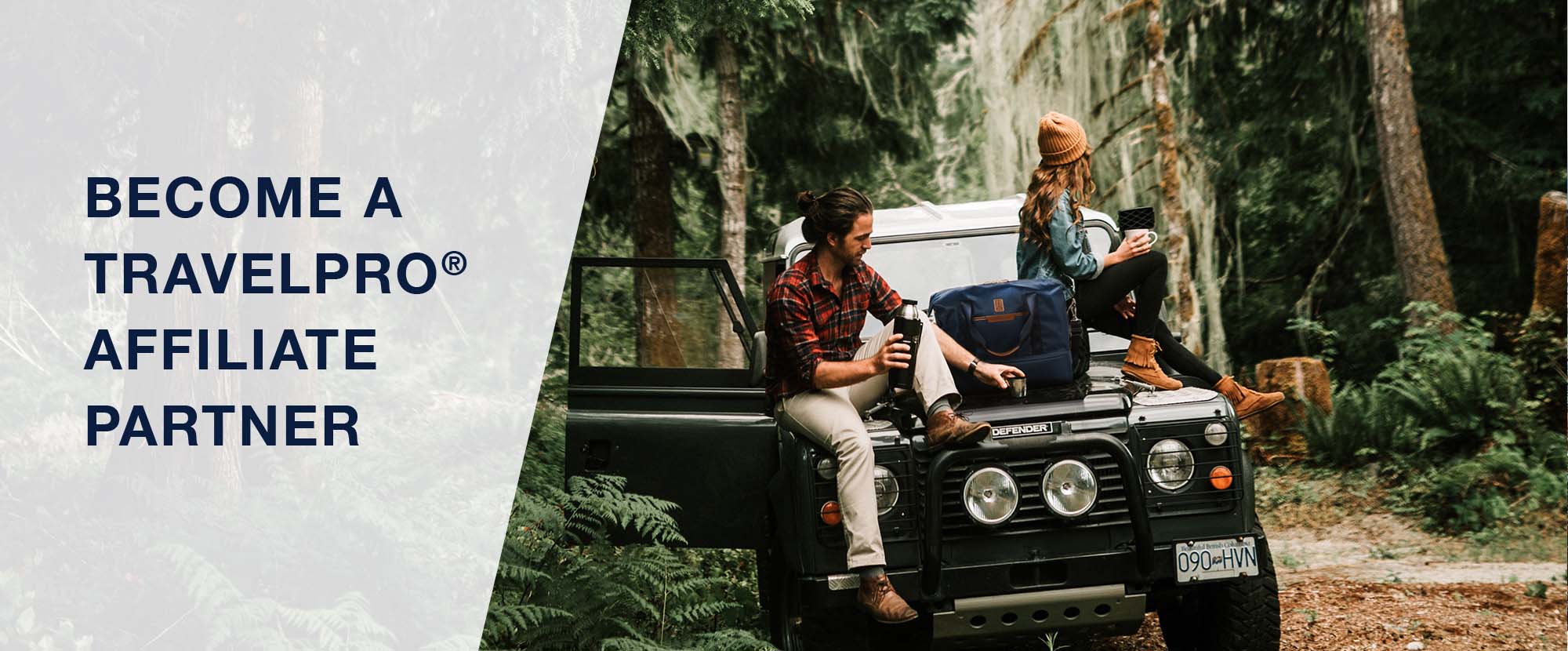 Banner with man and woman sitting on SUV with text Become a Travelpro Affiliate Partner