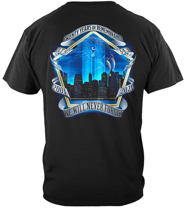 Firefighter 9-11 20 Year Remembrance Never Forget T-Shirt