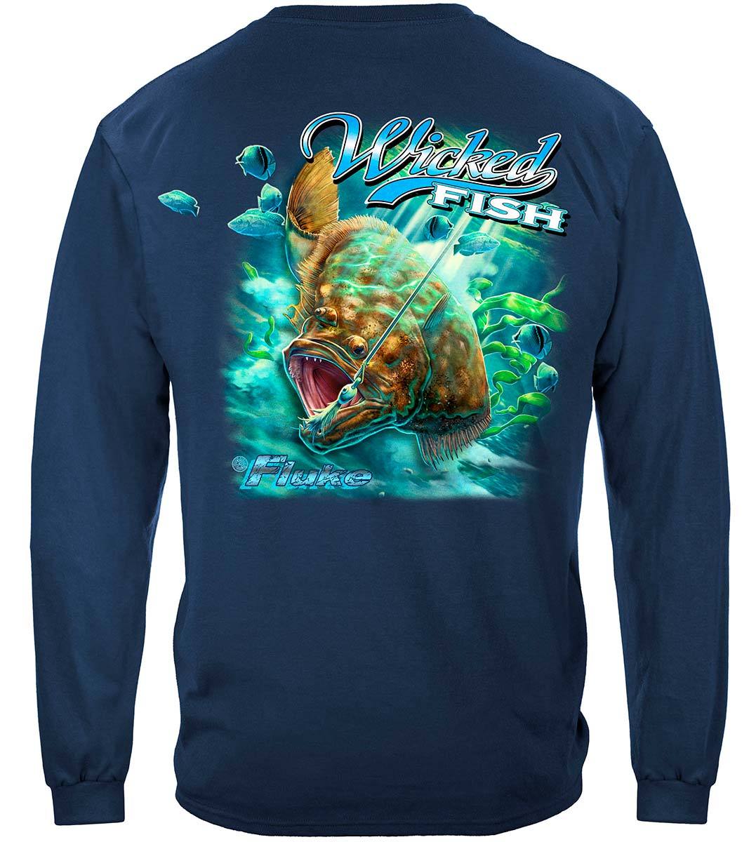 Fishing T-Shirt Wicked Fish Fighting Buck Tail Fluke Lure Indigo Blue