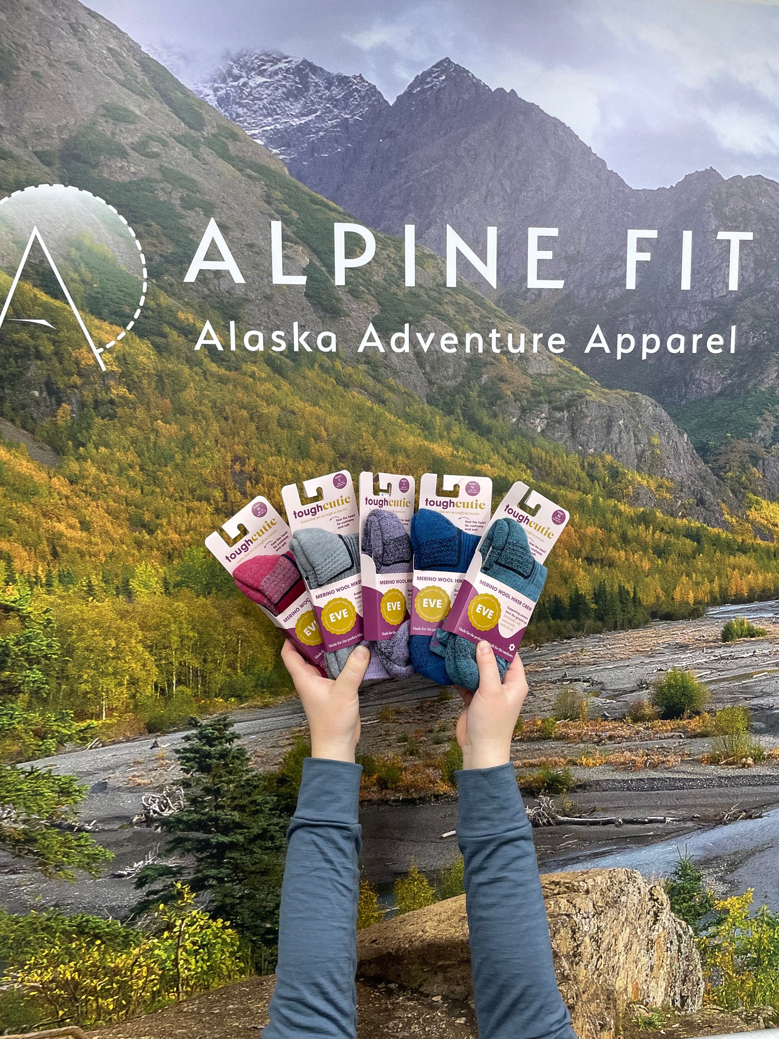 Alpine Fit showing Tough Cutie Eve socks in multiple colors 