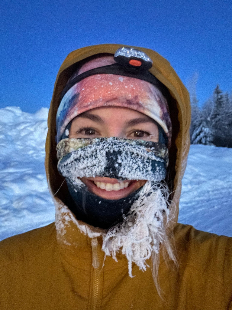 alpine fit merino wool lined headband as a nosewarmer in action in cold temps