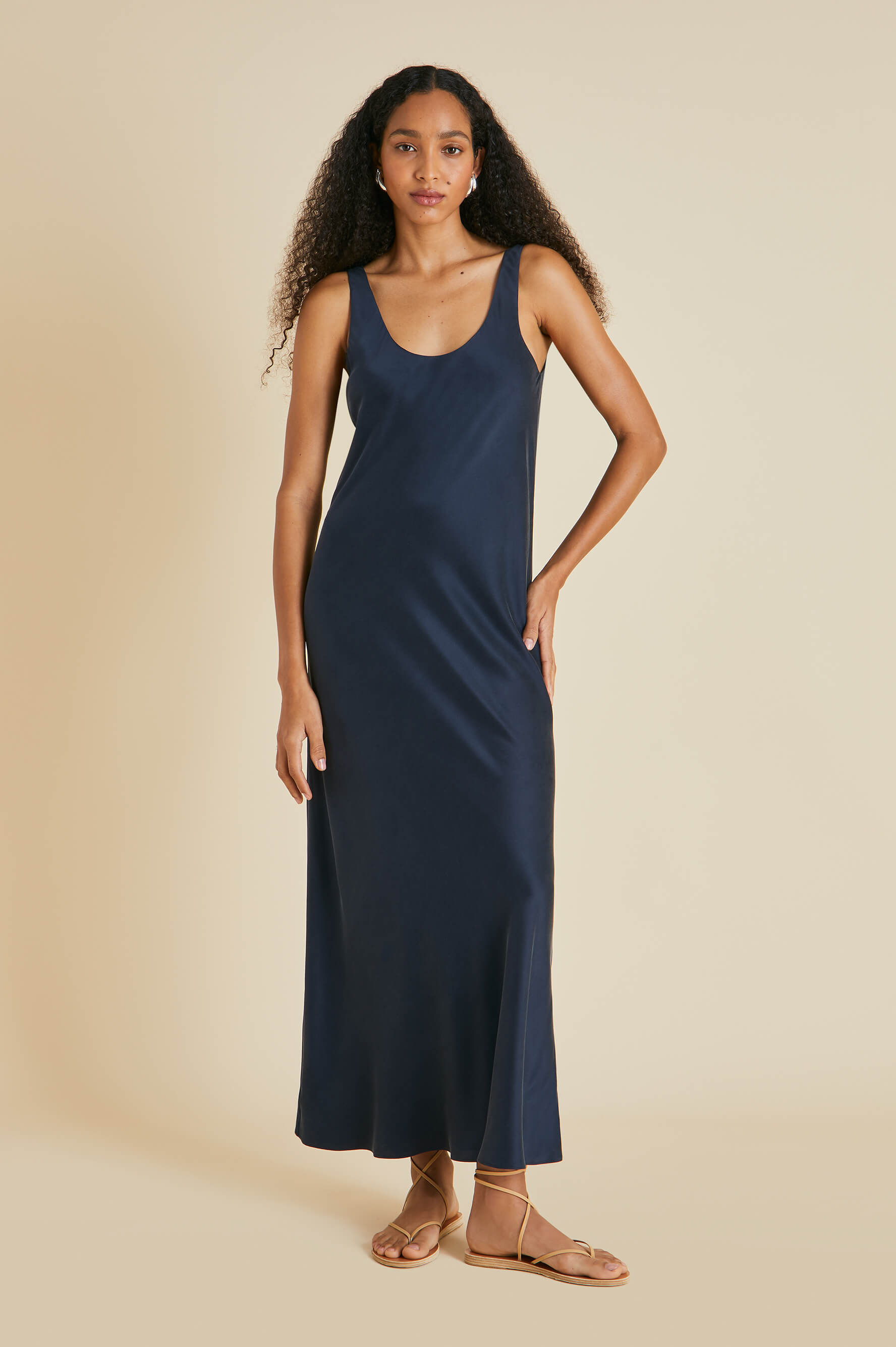Shop Olivia Von Halle Dali Navy Slip Dress In Sandwashed Silk