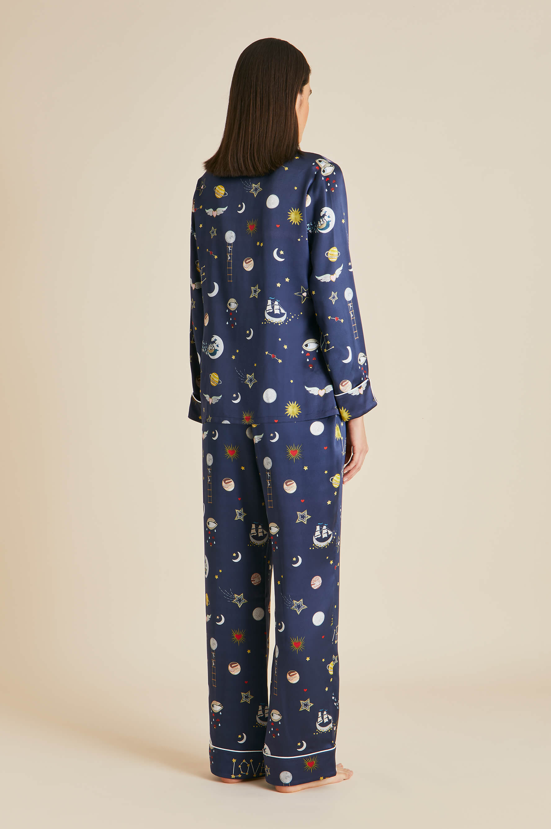 Shop Olivia Von Halle Lila Cosmic Navy Pyjamas In Silk Satin