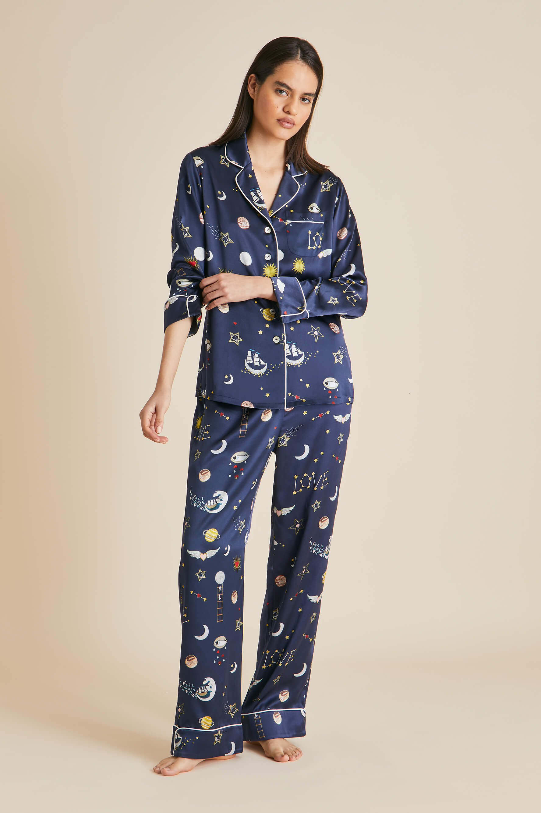 Shop Olivia Von Halle Lila Cosmic Navy Pyjamas In Silk Satin