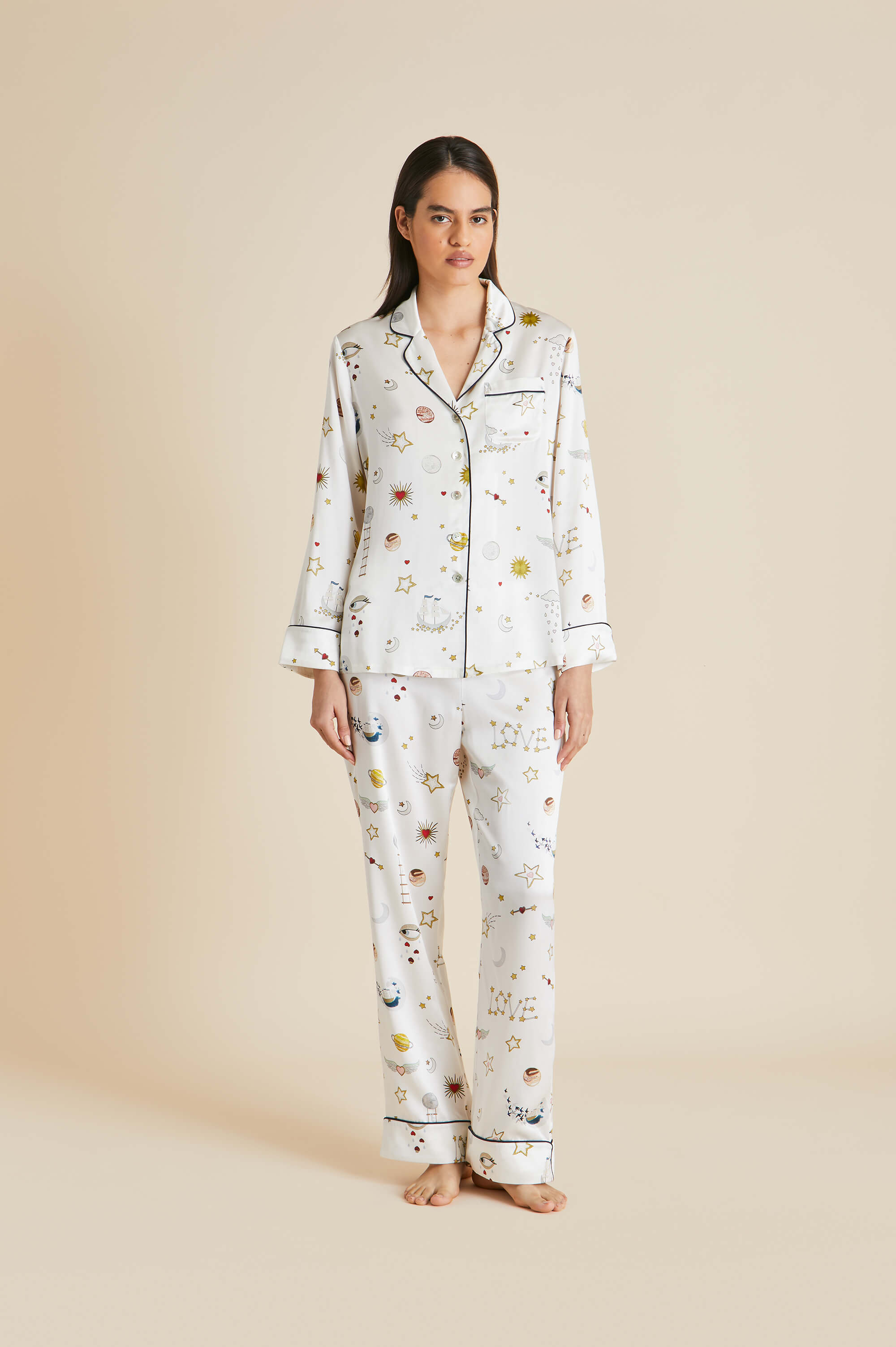 Shop Olivia Von Halle Lila Love Ivory Pyjamas In Silk Satin