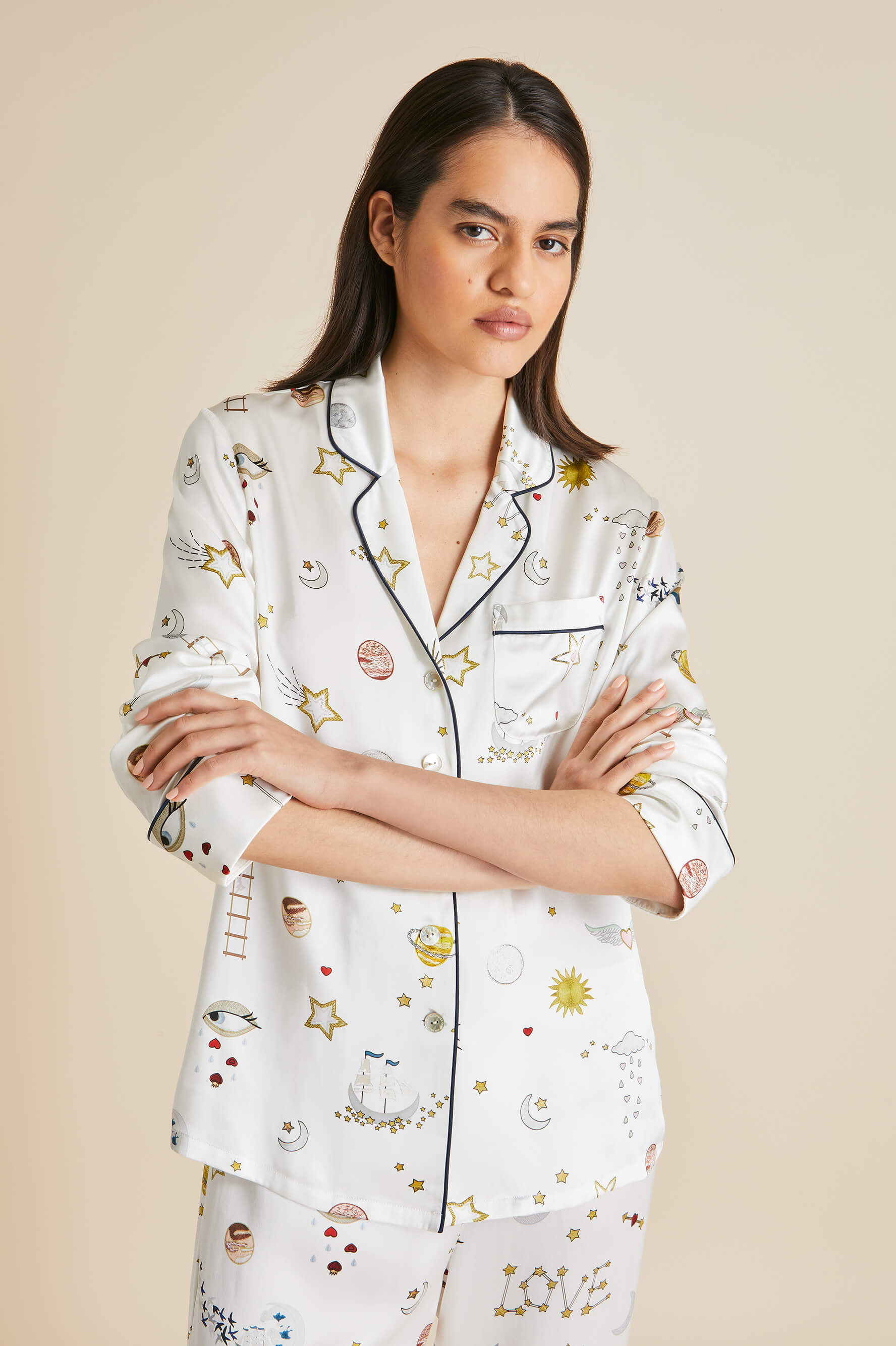 Shop Olivia Von Halle Lila Love Ivory Pyjamas In Silk Satin