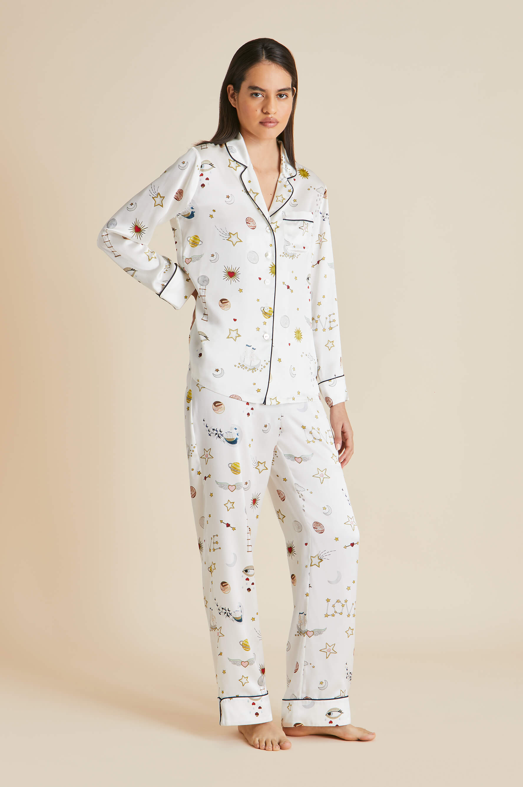 Shop Olivia Von Halle Lila Love Ivory Pyjamas In Silk Satin