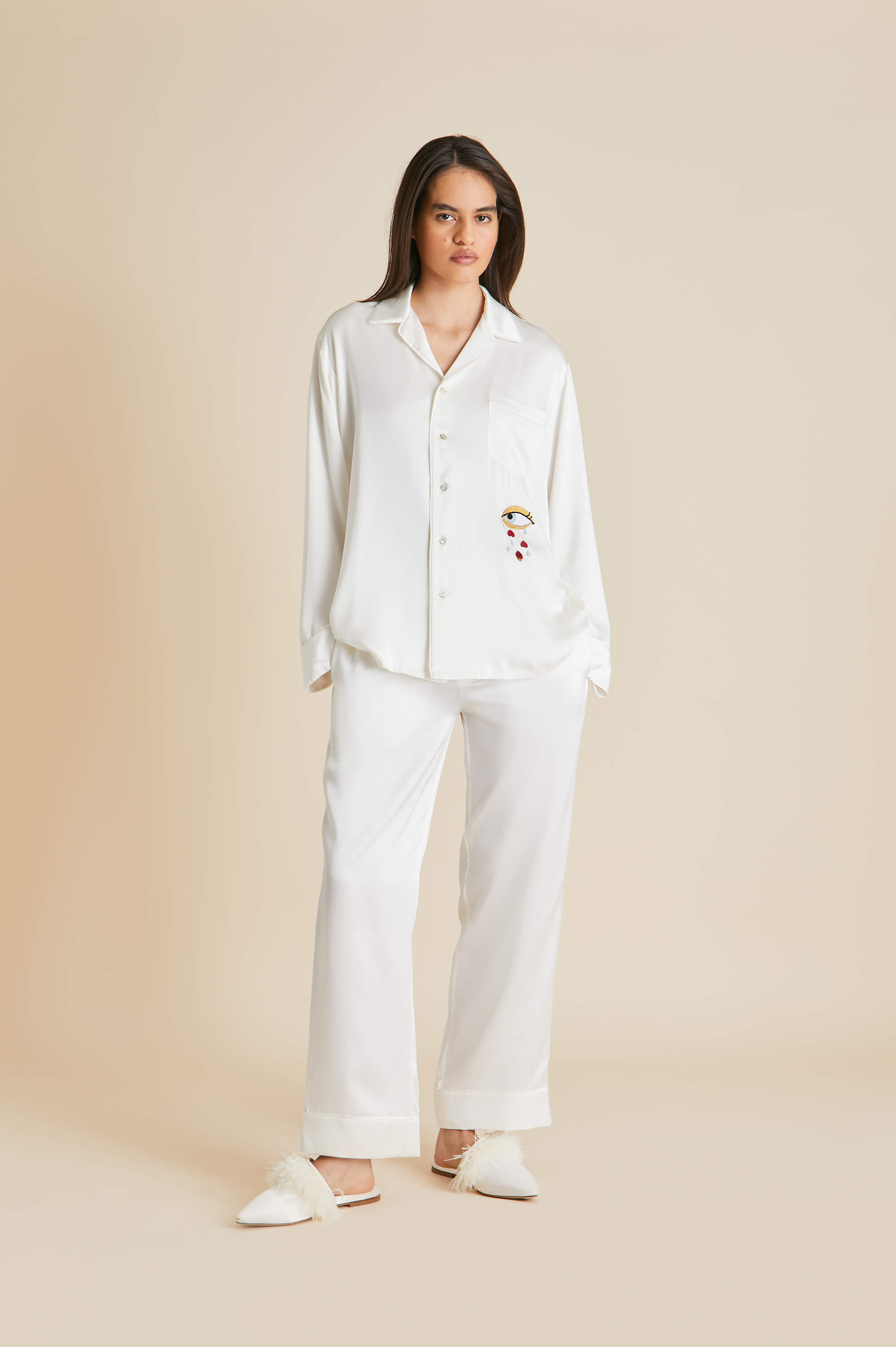 Olivia Von Halle Yves Desire Ivory Pyjamas In Silk Satin In White