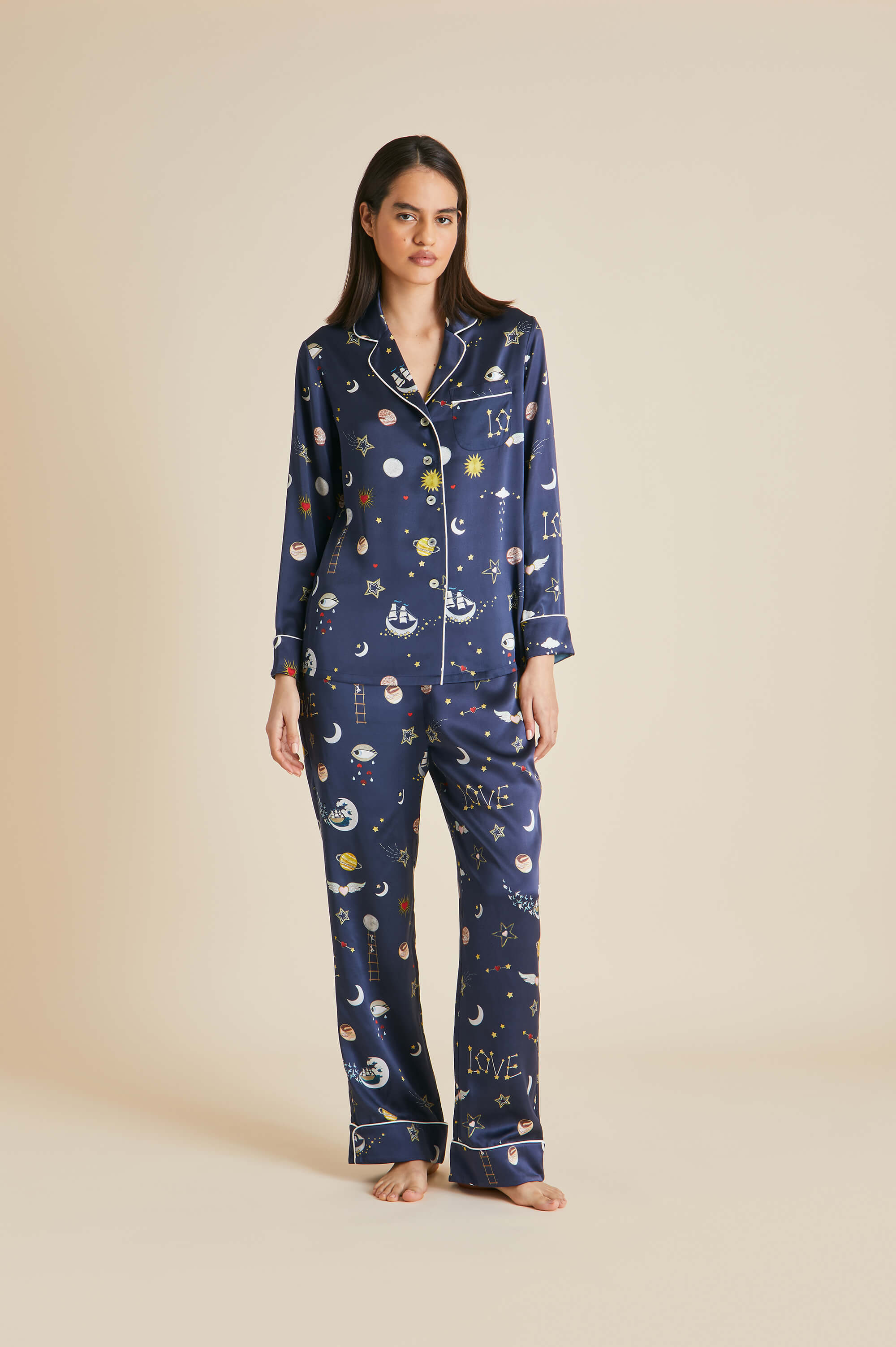 Shop Olivia Von Halle Lila Cosmic Navy Pyjamas In Silk Satin