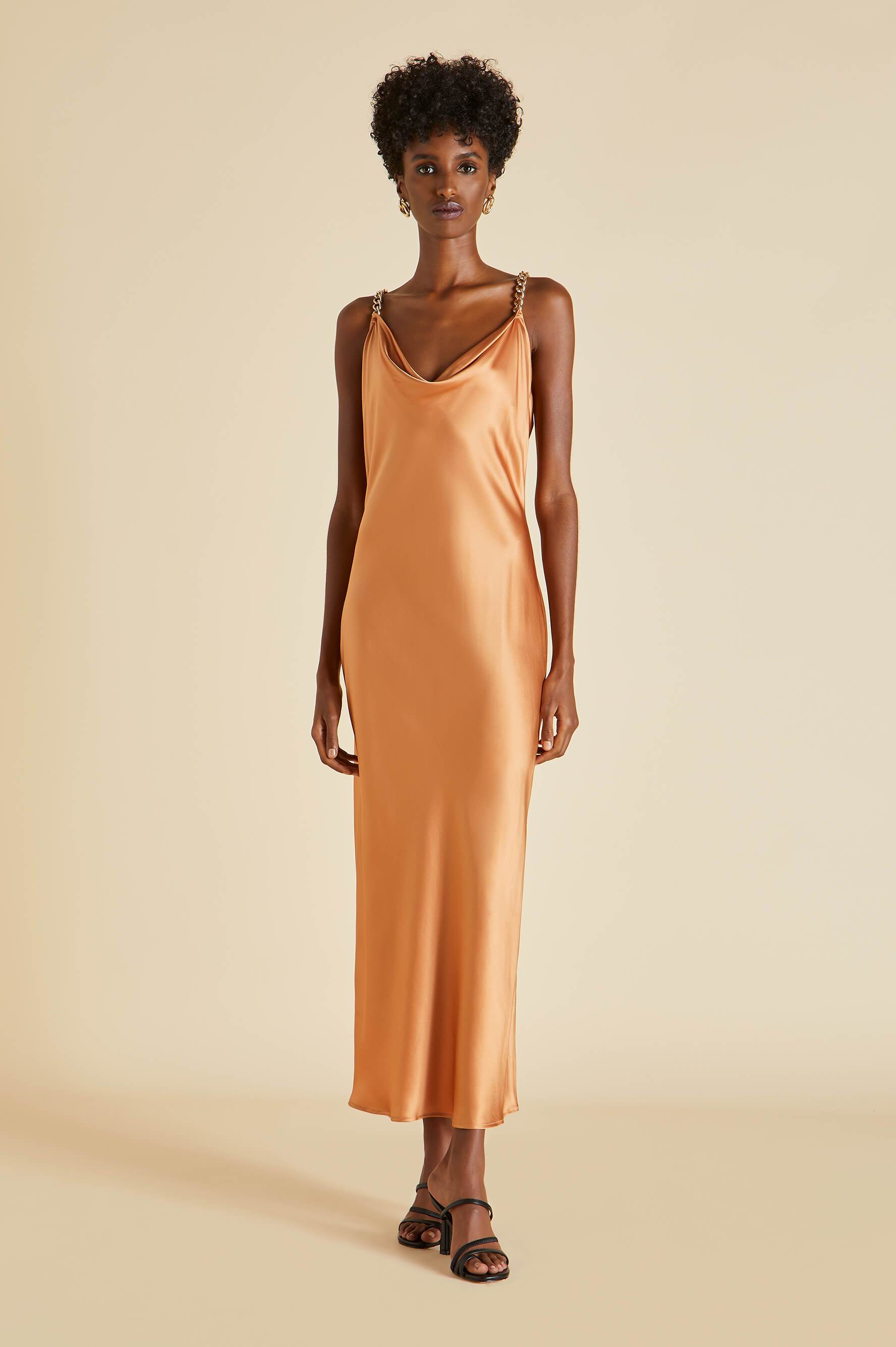 orange silk slip dress