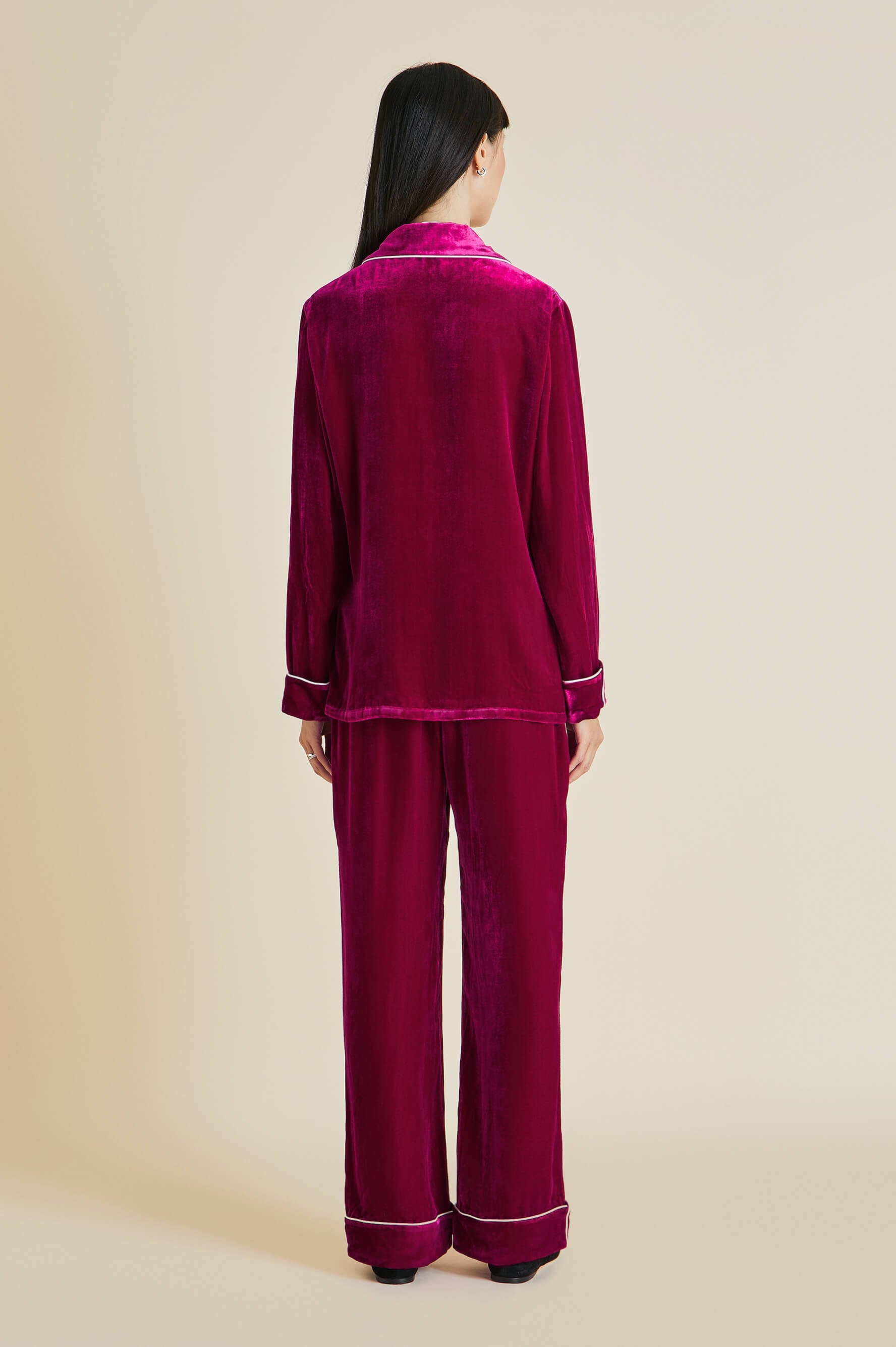 Olivia Von Halle Coco Piped Velvet Pajama Set In Berry | ModeSens