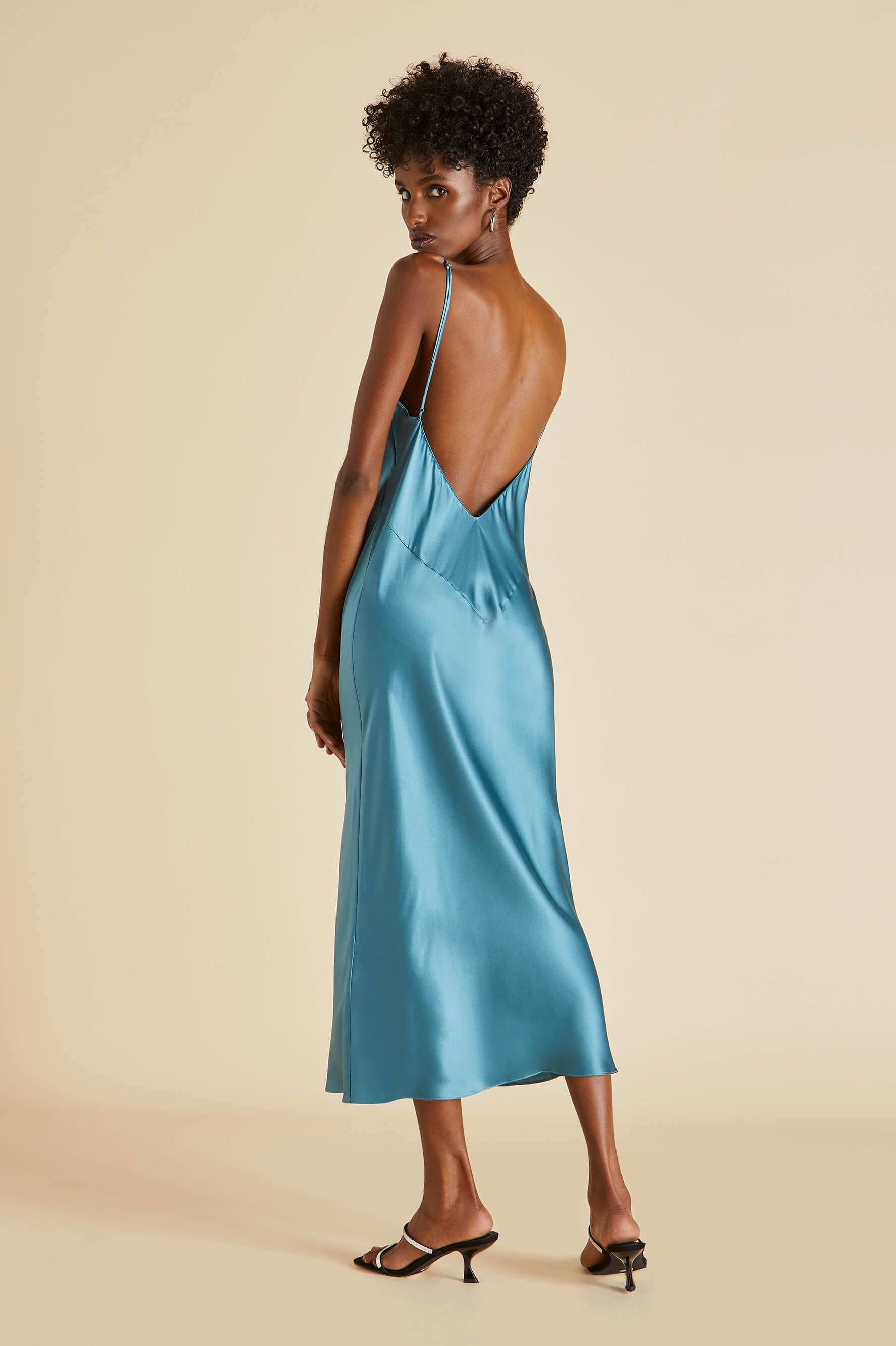 blue silk slip dress