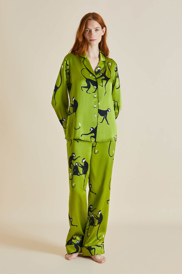 Olivia von Halle  Alba Green Geometric Print Silk Satin Pyjama Set