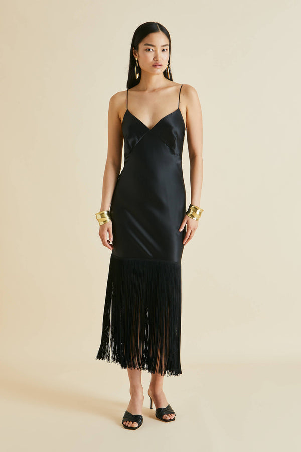 Issa Jet Black Silk Satin Slip Dress