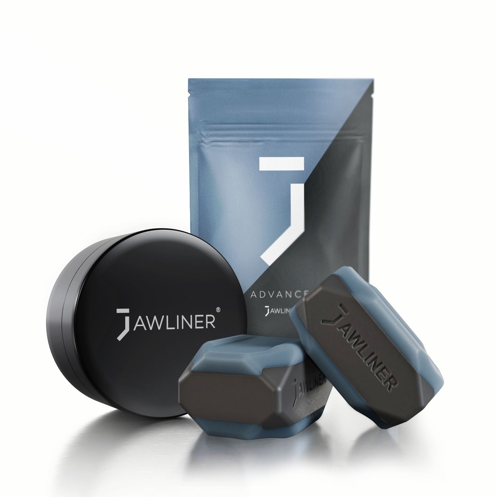 a imagem mostra o jawliner 3.0 advanced com a bolsa do jawliner e a lata do jawliner