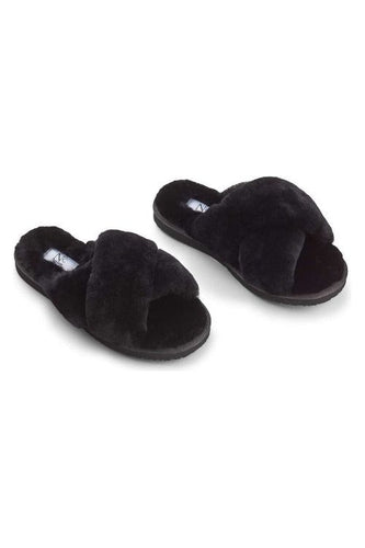Natures Collection Criss Cross Sheepskin Slippers NCF1049 | Black — Robertson