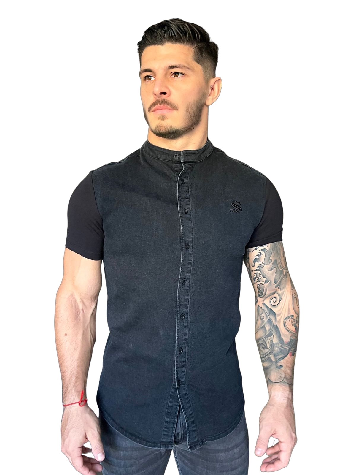 Buy Online|Spykar Men Dark Grey Cotton Slim Fit Half Sleeve Denim Shirt