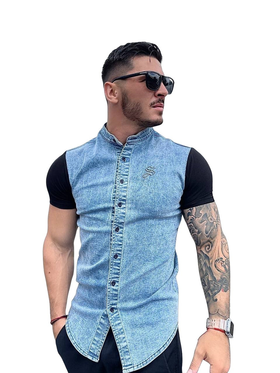 Raphael - Camisa vaquera de manga corta azul/negra para hombre - Sarman Fashion - Venta al por mayor ropa de marca para hombres de Canadá